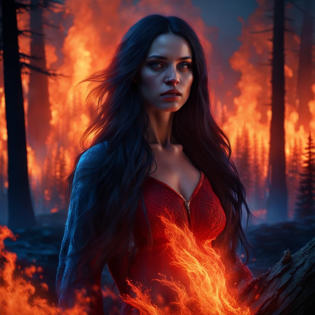 Blue Woman by Firelight in Detailed Matte Painting