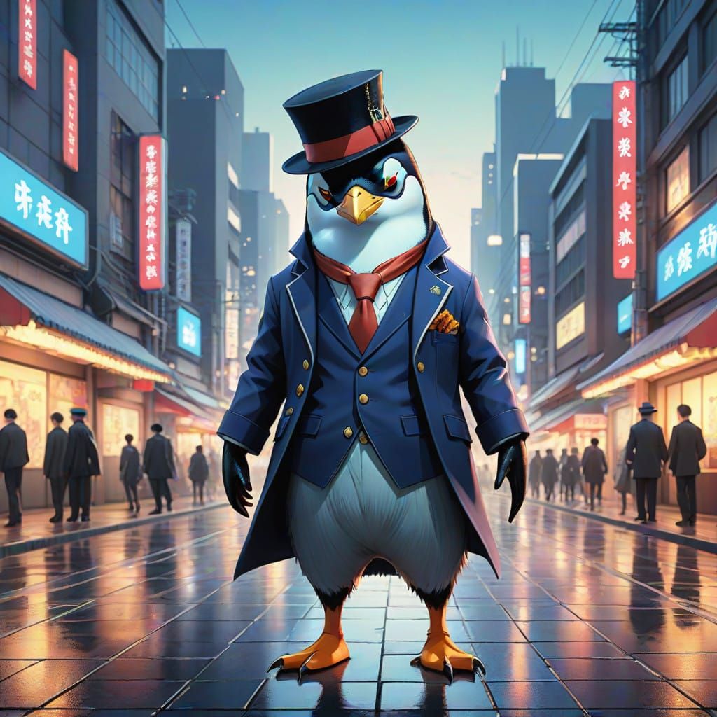 Debonair Penguin in Cityscape Zoot Suit