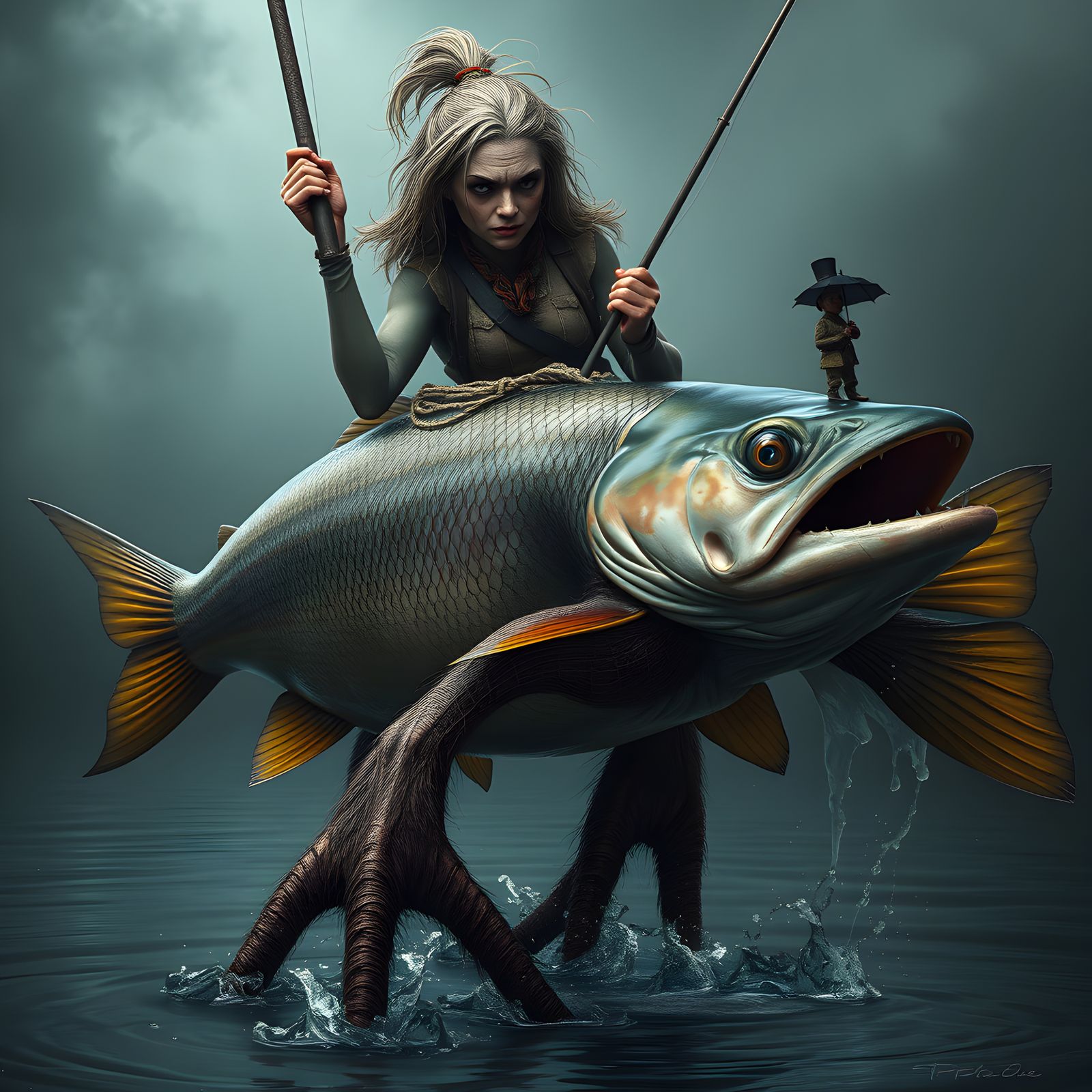 Woman Rides Trout with Human Legs: Fantasy Art