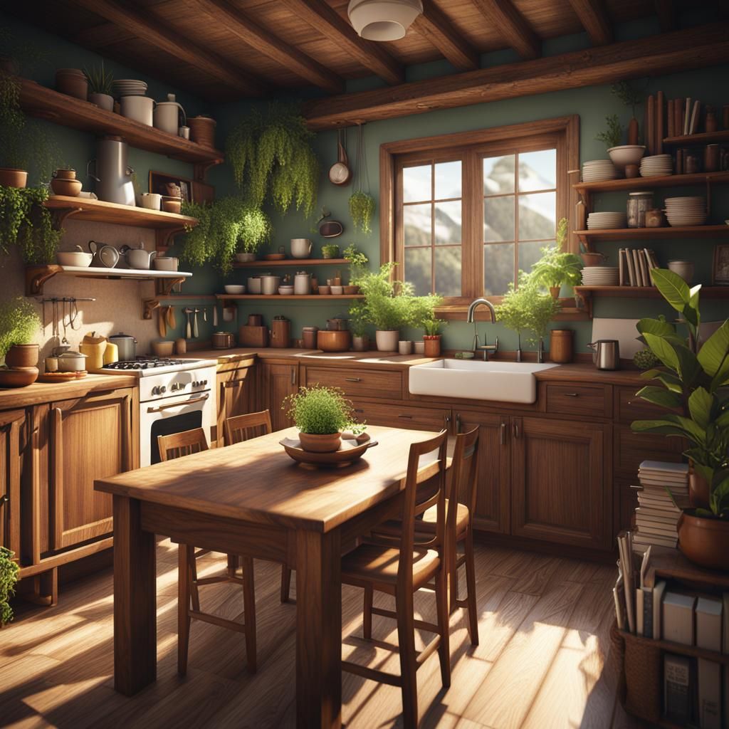 Rustic Kitchen with Books and Plants in 3D