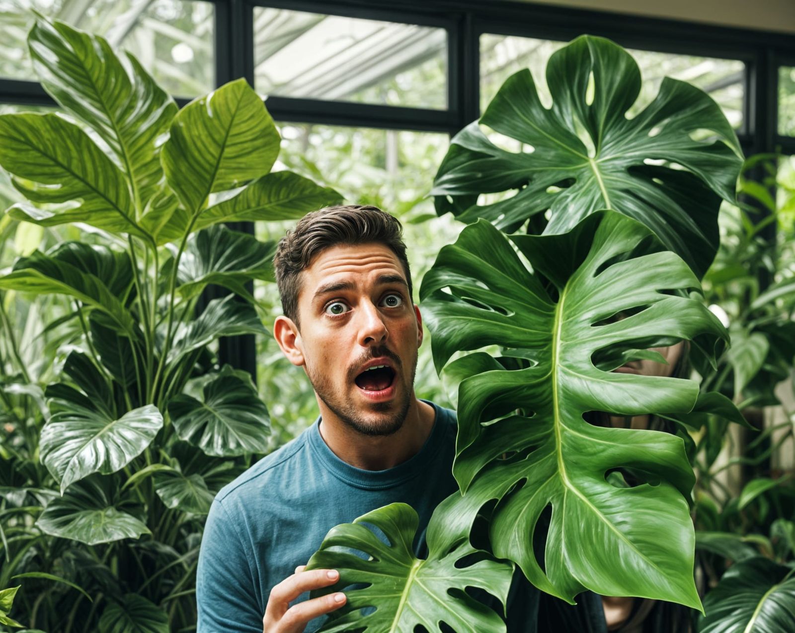 Man Stares at Enormous Philodendron: Polaroid Photo