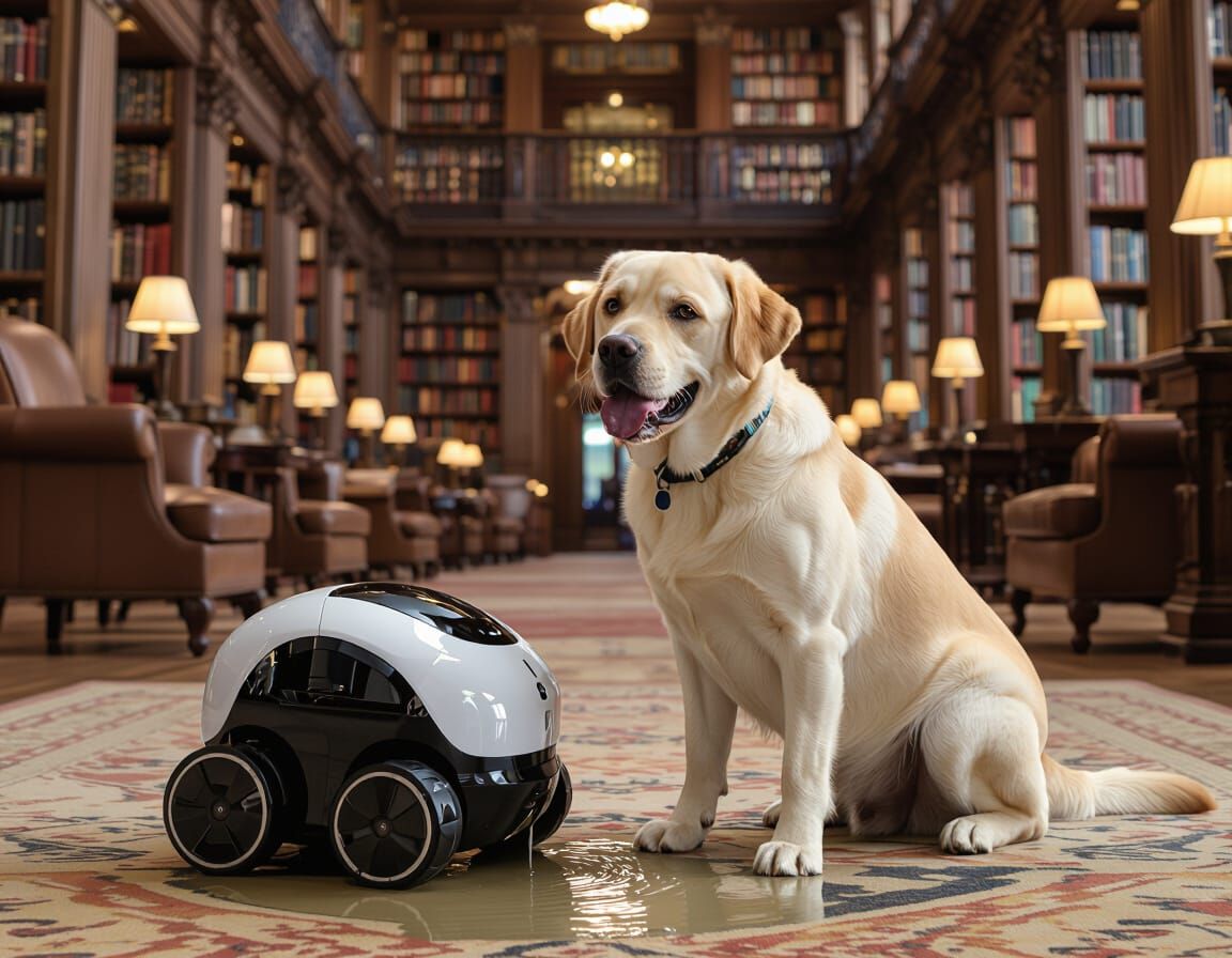 Labrador Retriever's Futuristic Prank in Ornate Library