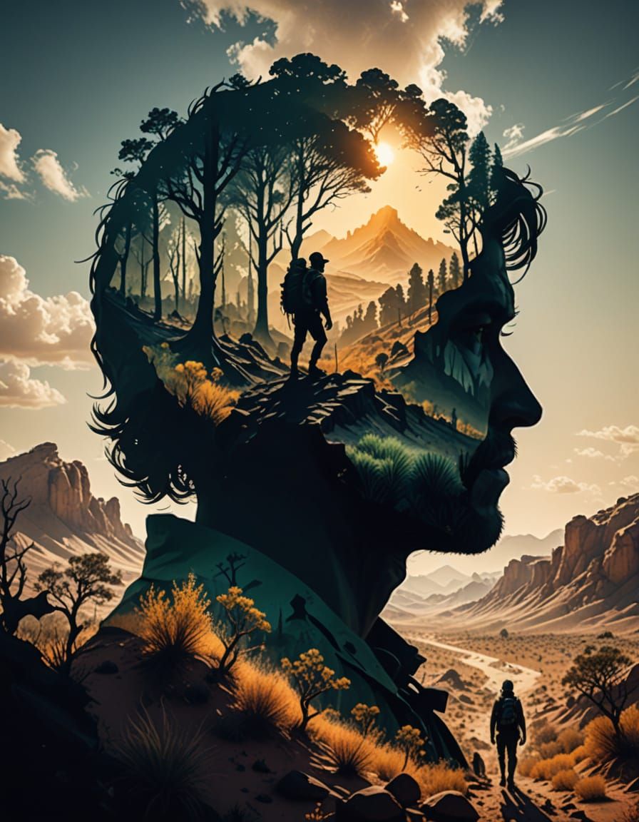 Hiker's Profile Silhouette Against Desert Fantasy Landscape