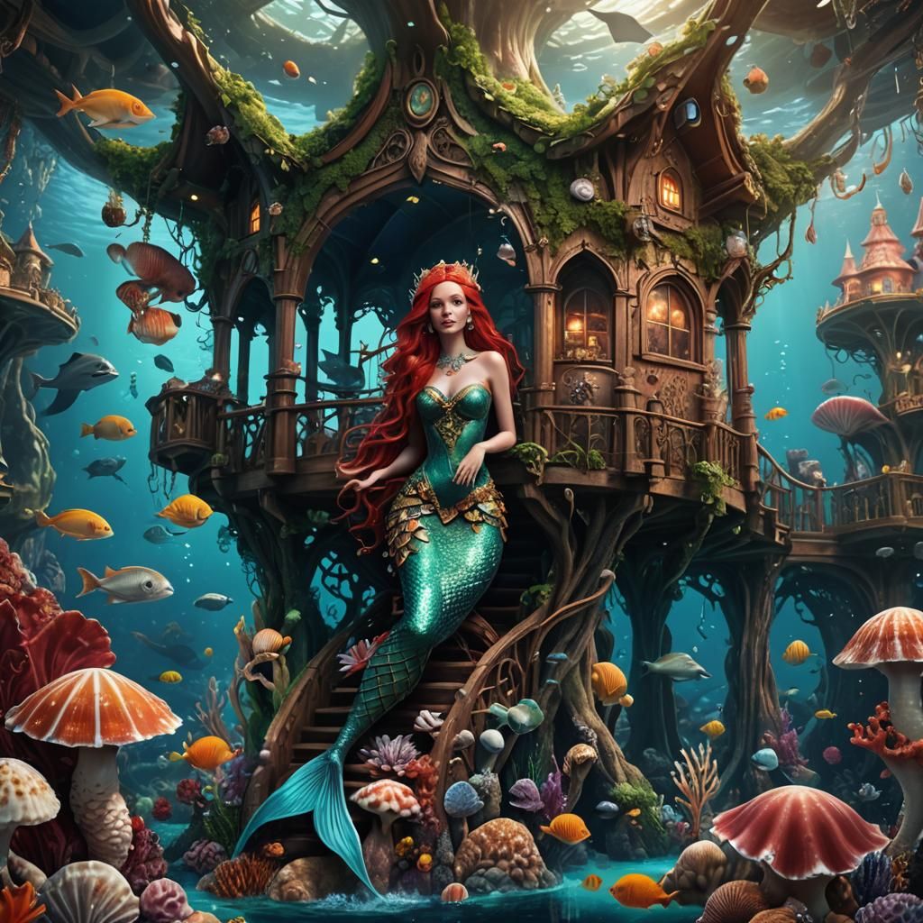 Mermaid in Surreal Underwater Seashell Treehouse