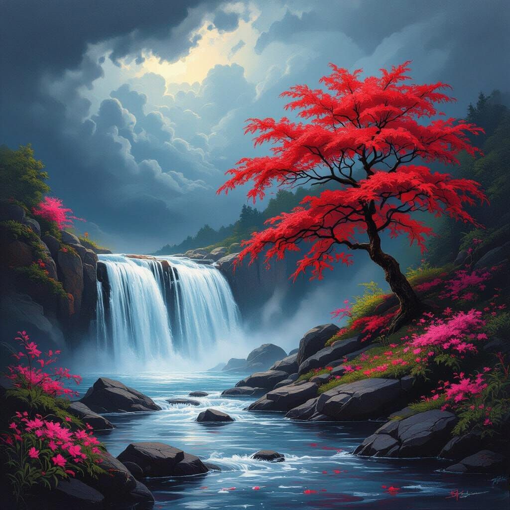 Airbrushed Waterfall with Red Maple Tree