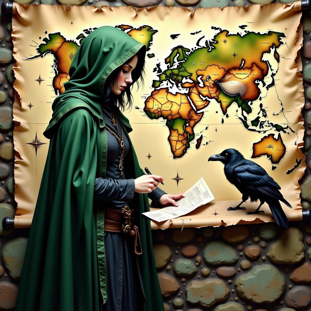 Woman Charting Map with Raven