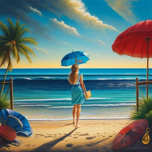 Beautiful Woman Gazing at Beach Horizon in Photorealism
