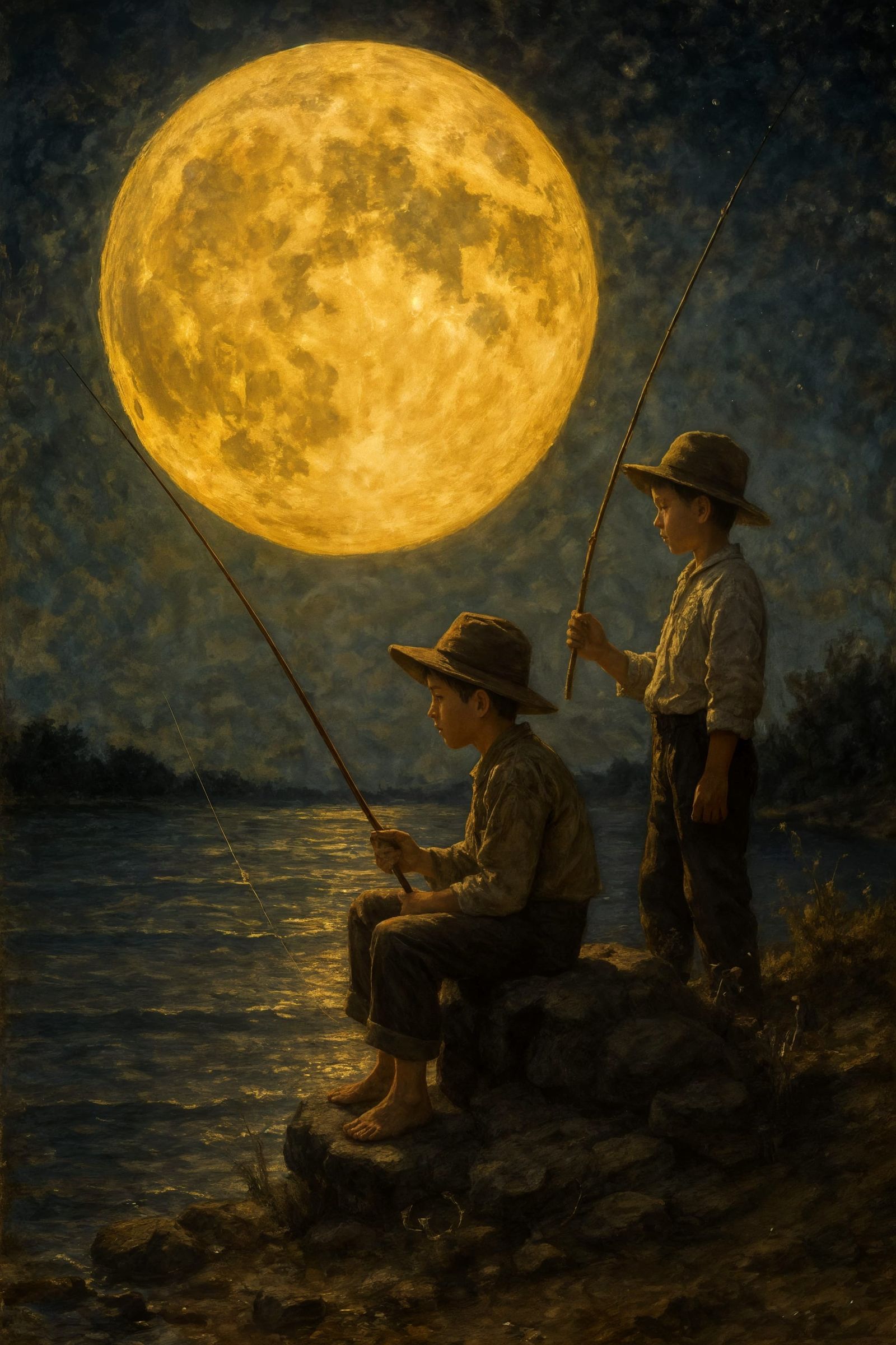 Boys Fishing Under Giant Moon: Digital Art
