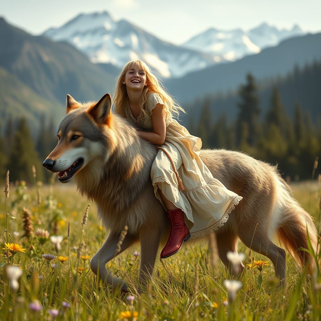 Cinematic Portrait of a Freckled Peasant Woman Riding a Wolf...