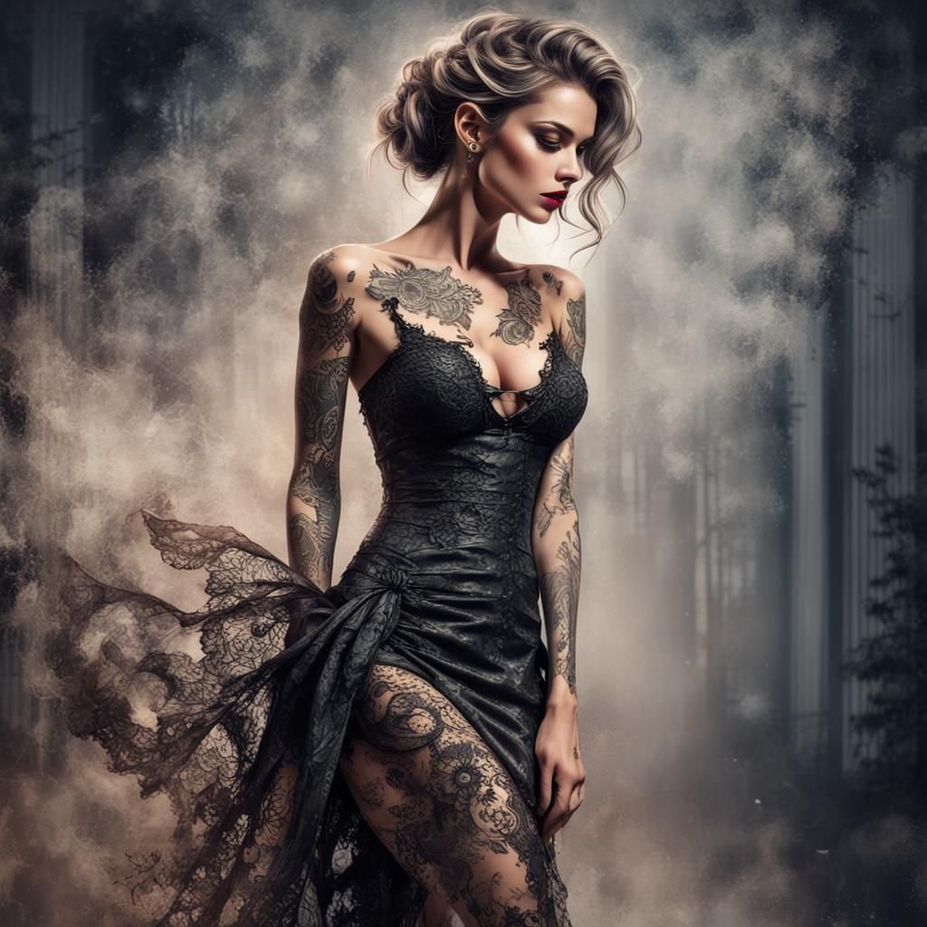 Gothic Tattooed Woman in Palette Knife Style