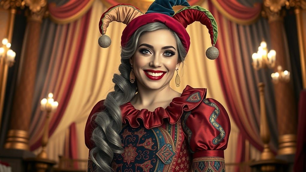 Sensual Court Jester Woman in Lavish Stage Attire