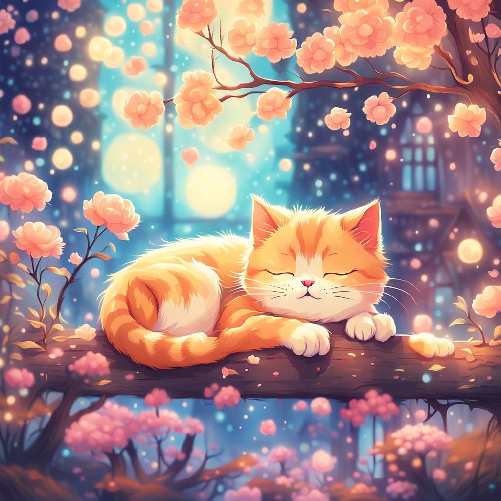 Chibi Sleeping Cat in Dreamcore Pastel Style