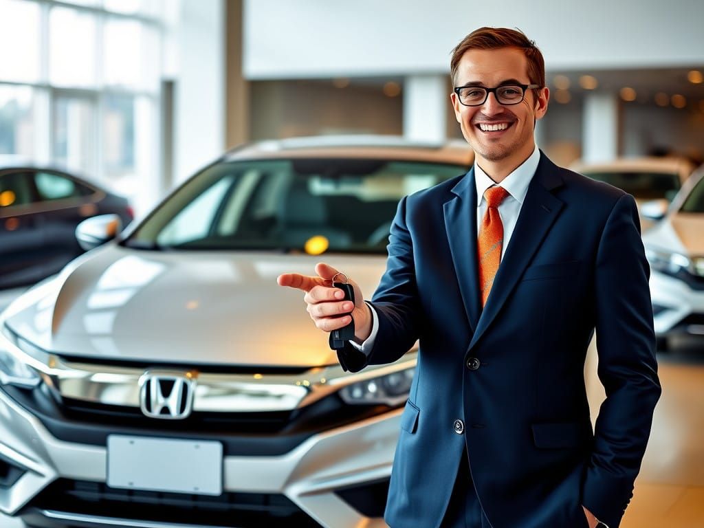 Salesman Holds Honda Keys in Front of a Modern Car