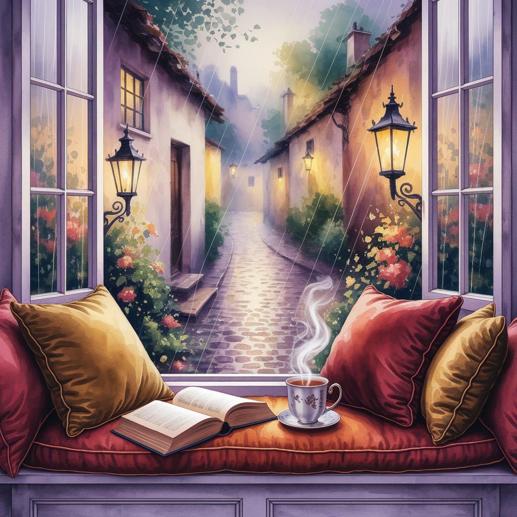 Cozy Window Seat in Impressionistic Watercolor