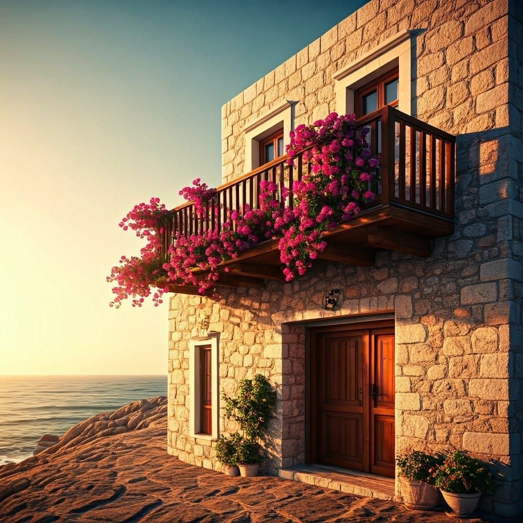 Serene Greek Cottage on Rocky Coastline in HDR