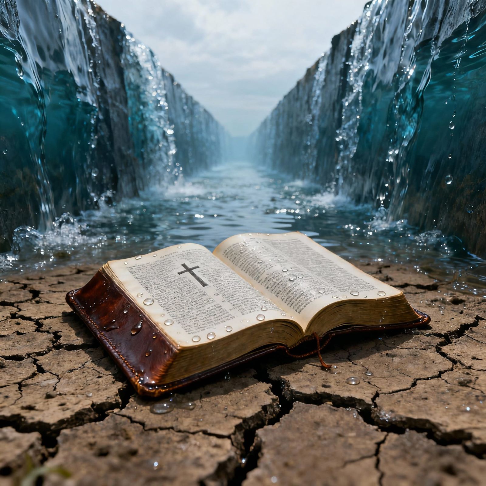 Open Bible Amidst Towering Water Walls