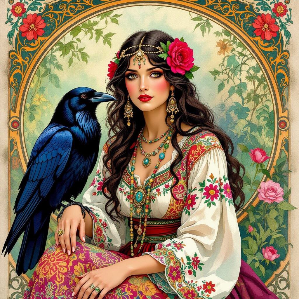 Bohemian Gypsy Woman with Raven in Watercolor Style
