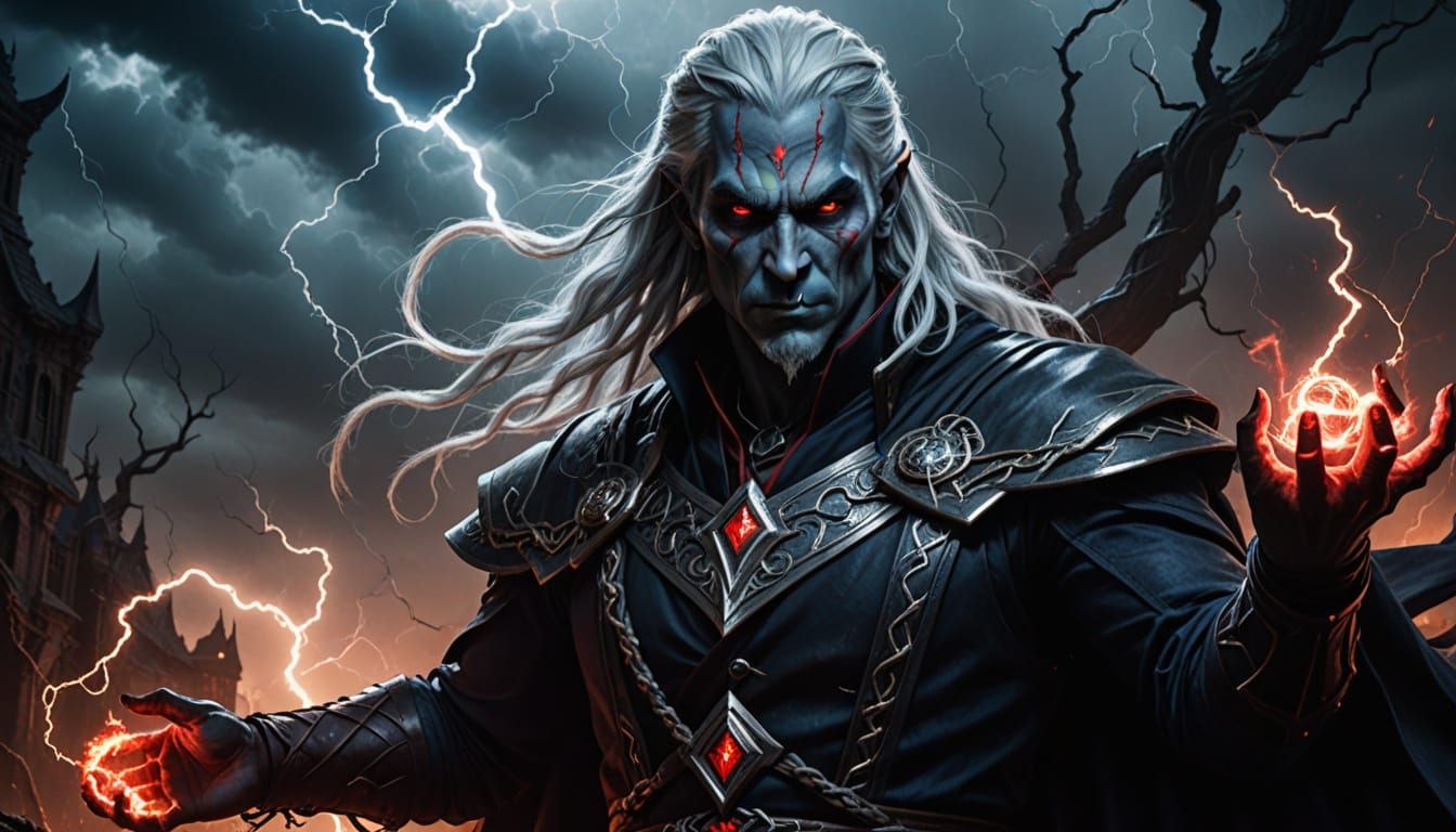Dark Fantasy Warlock Unleashes Electrifying Lightning Bolt