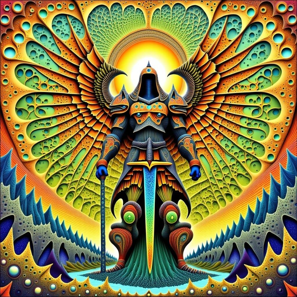 Radiant Armored Figure Holding Gleaming Sword