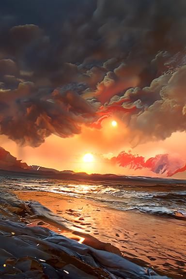 Eerie Burning Sky Over Beach, Digital Painting