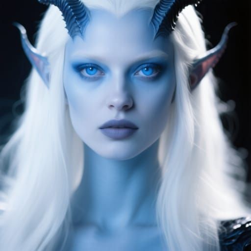 Hyperrealistic Demoness Model with Blue Eyes and White Hair