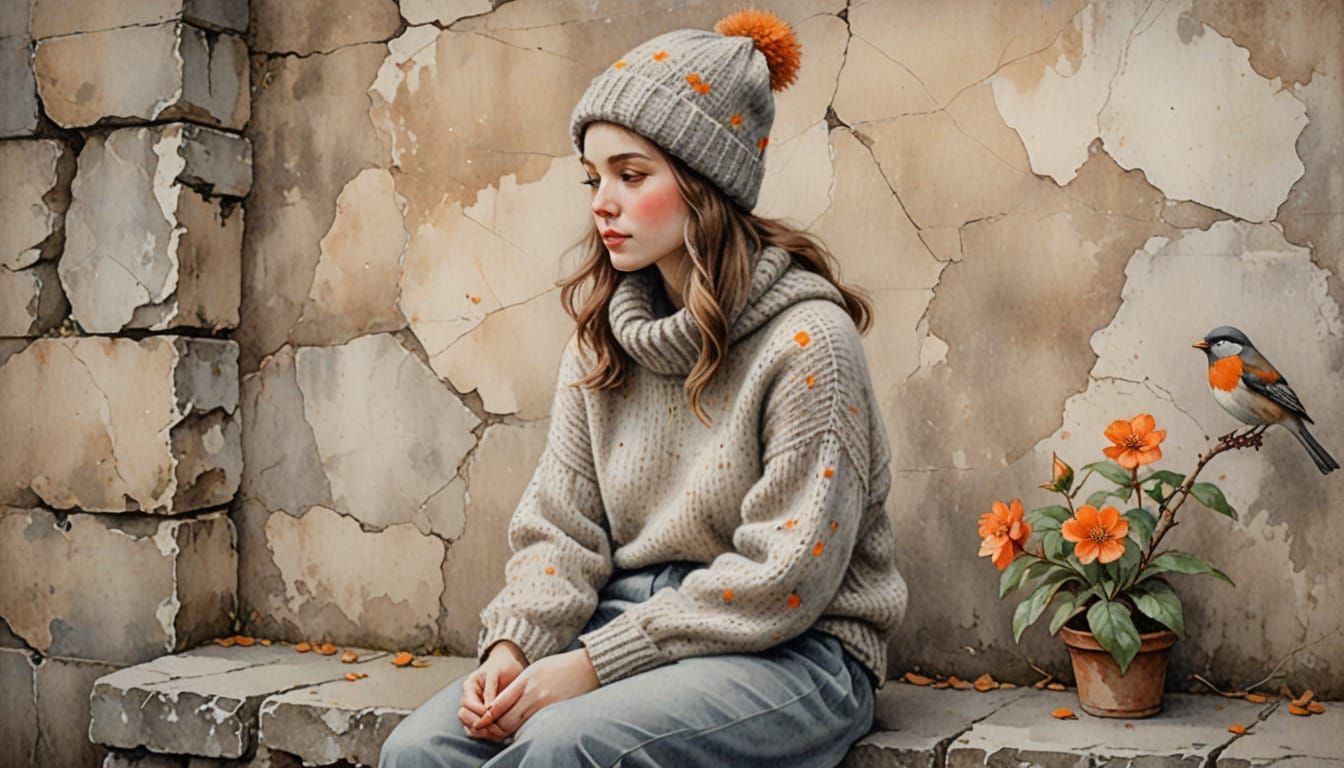 Vintage Nostalgic Girl in Watercolor with Sparrow Detail