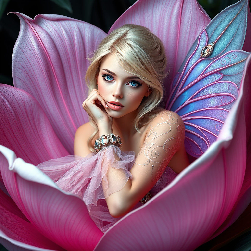 Blonde Fairy in Flower with Pastel Gown
