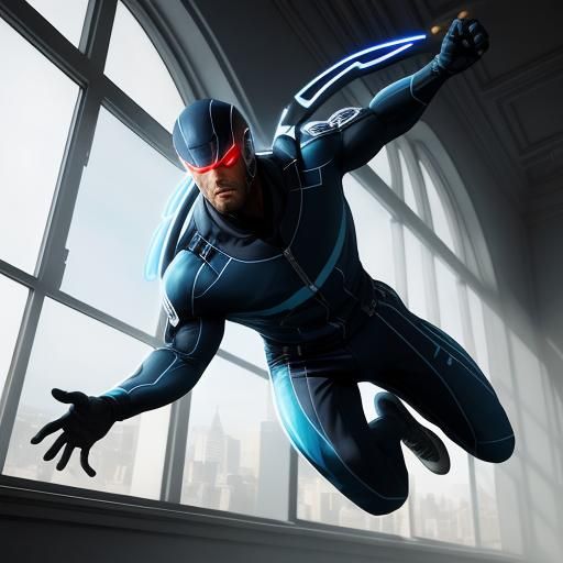 Sci-Fi Jumpsuit Leaping Through Cityscape Window