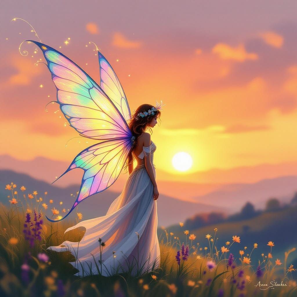 Mystical Fairy in Golden Sunset Glow Watercolor Art