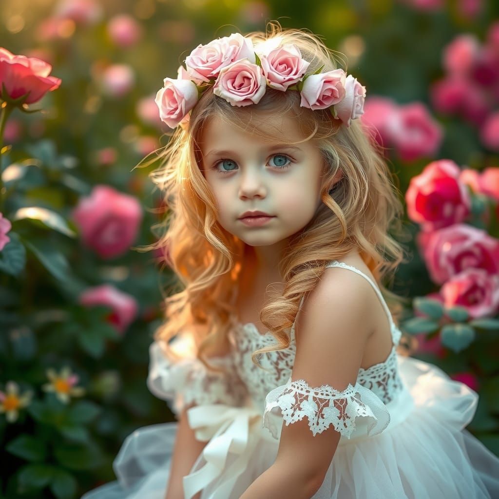 Little Girl with Roses in Dreamy Garden
