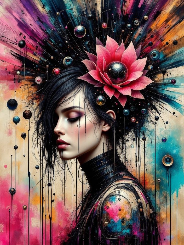 Colorful Gothic Woman in Surreal Abstract Ink Style