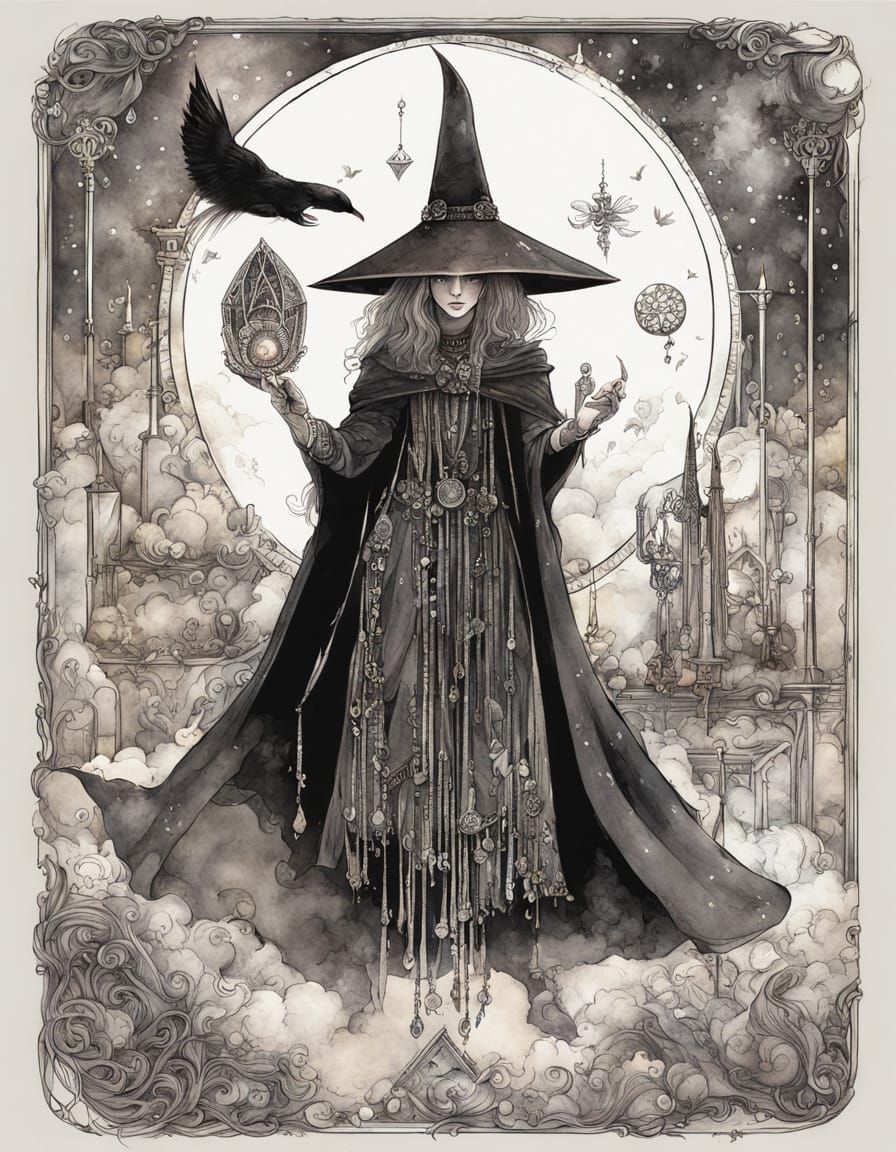 Modern Witch Adorned with Crystals and Tarot Cards