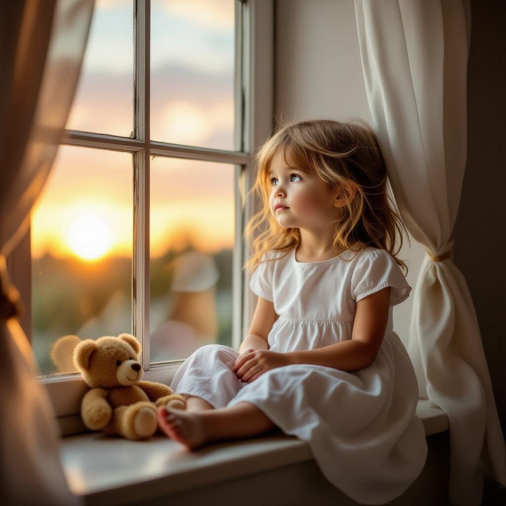 Poetic Sunset Portrait of a Girl with Teddy Bear