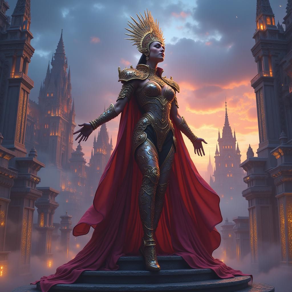 Heroic Superstar in Ornate Costume in Ancient City