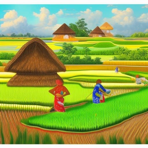 Vibrant Rice Field: Candyland Gouache Painting