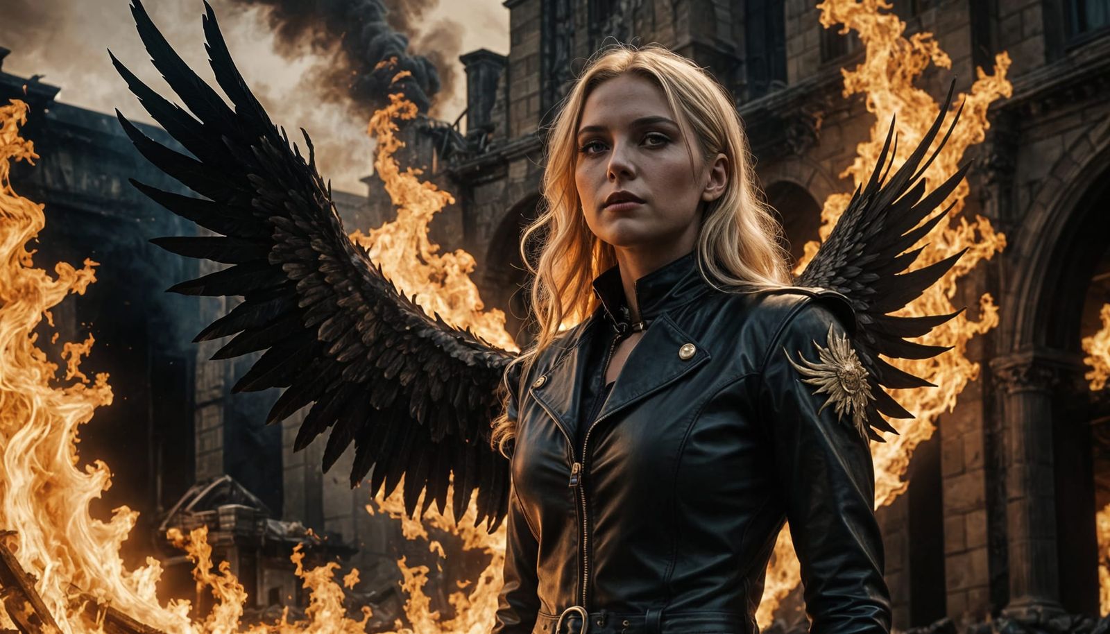 Goth Woman Watches Phoenix Rise from Flames in Cyberpunk Sty...