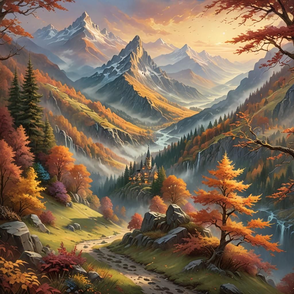Misty Autumn Mountains in Golden Light