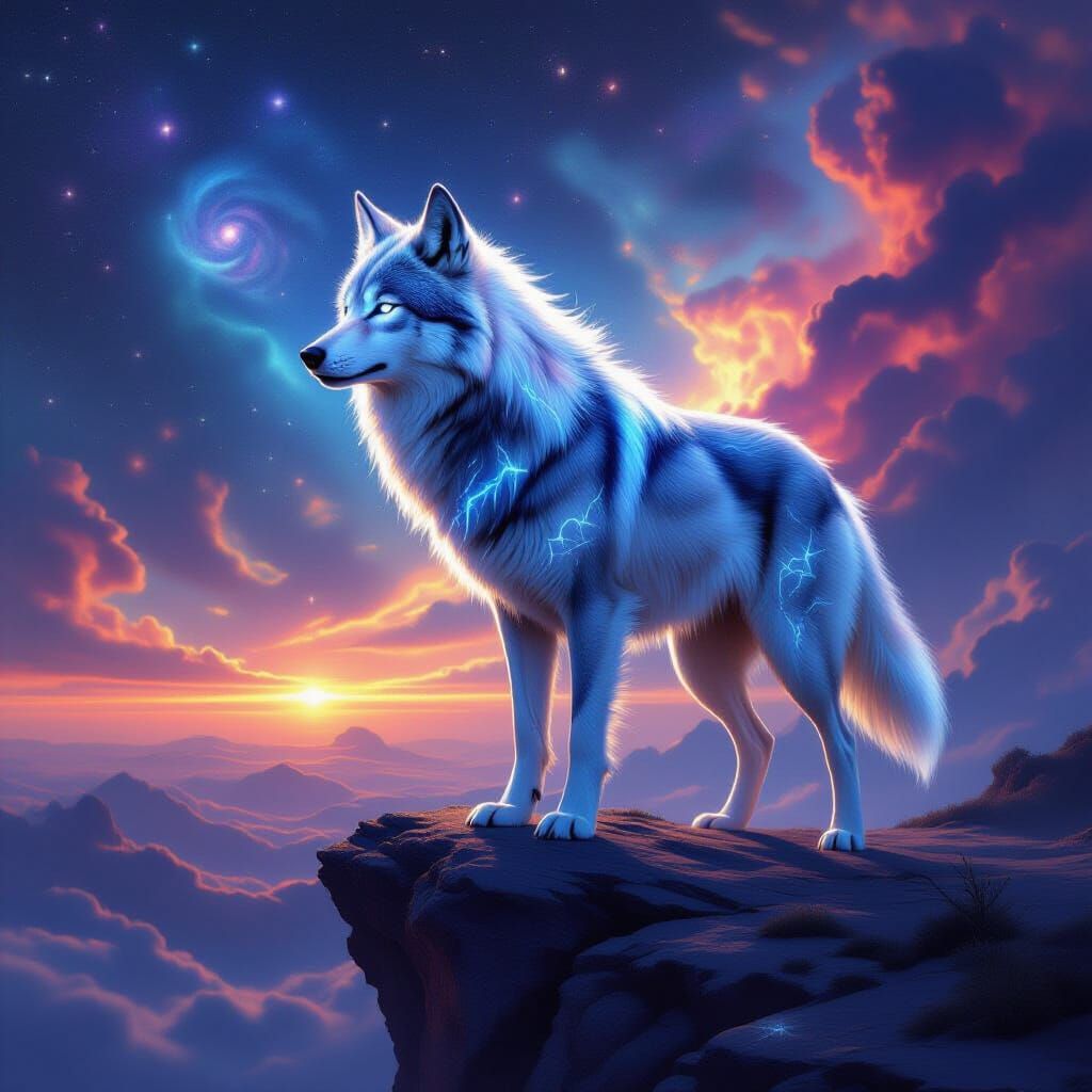 Ethereal Wolf Under Celestial Nebula in Hyper-Realistic Styl...