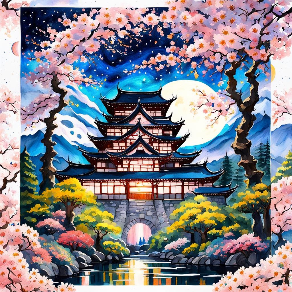 Cosmic Japanese Castle in Blossoming Garden, Gouache Style