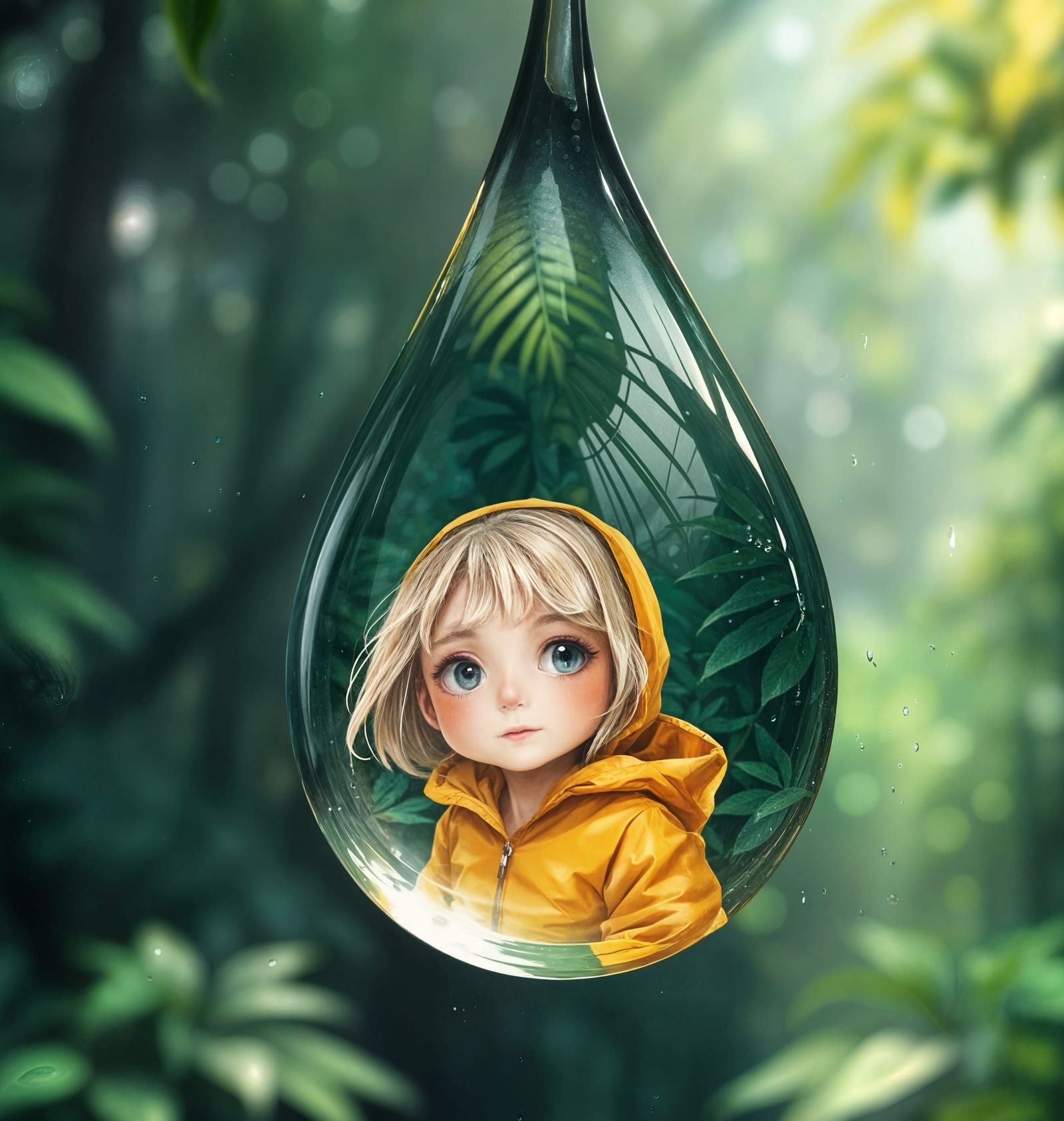 Fantastical Watercolour Portrait Within a Raindrop