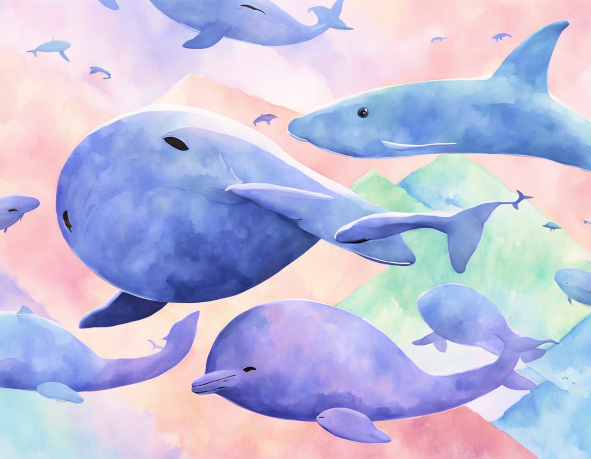 Girl Rides Whale with Dolphins in Pastel Watercolor Style