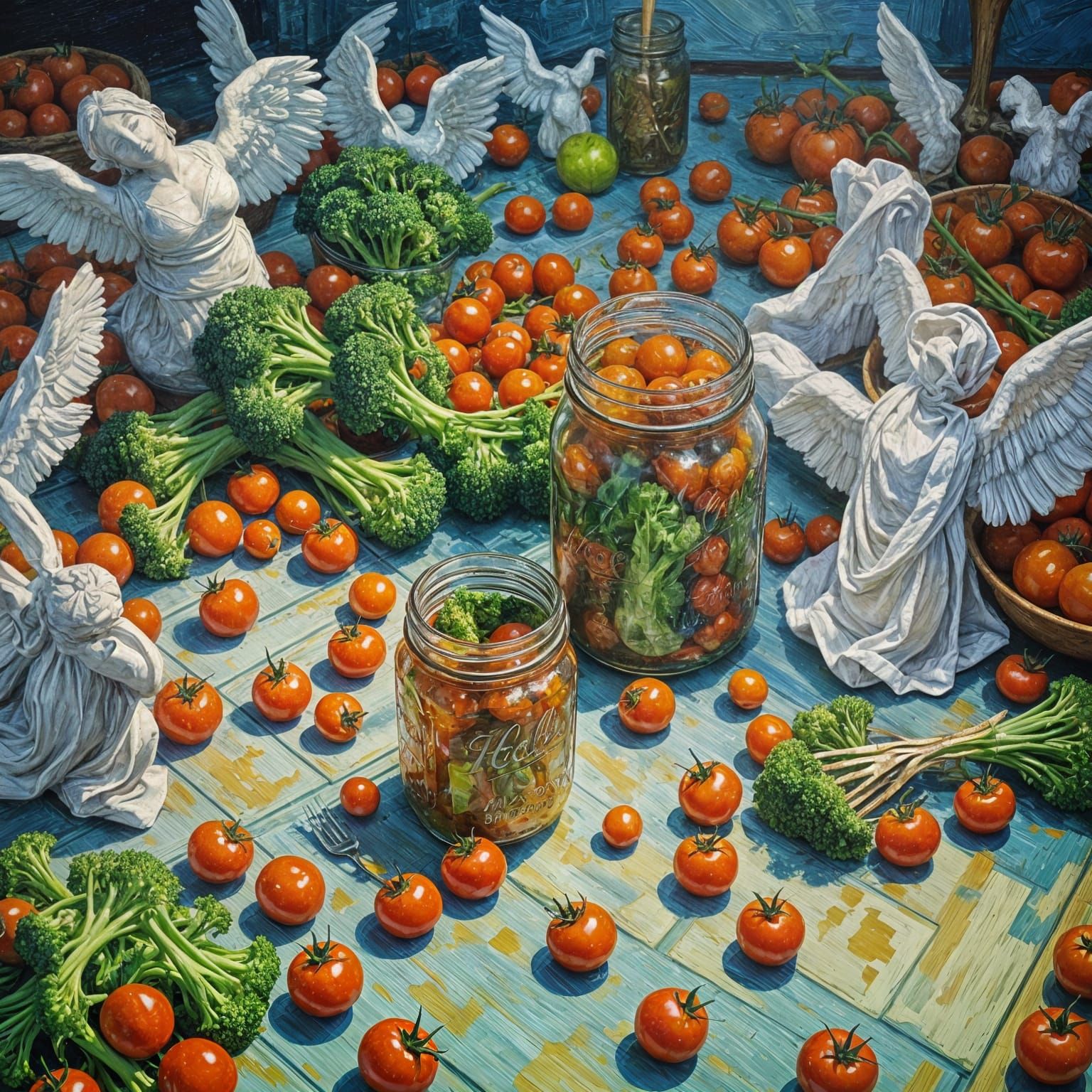 Still Life with Vegetables and Angels in Impressionist Style
