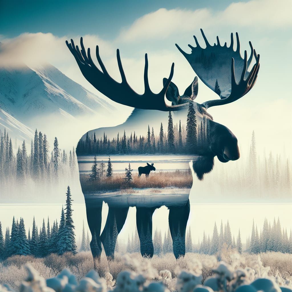 Majestic Moose Double Exposure in Snowy Poplar Grove