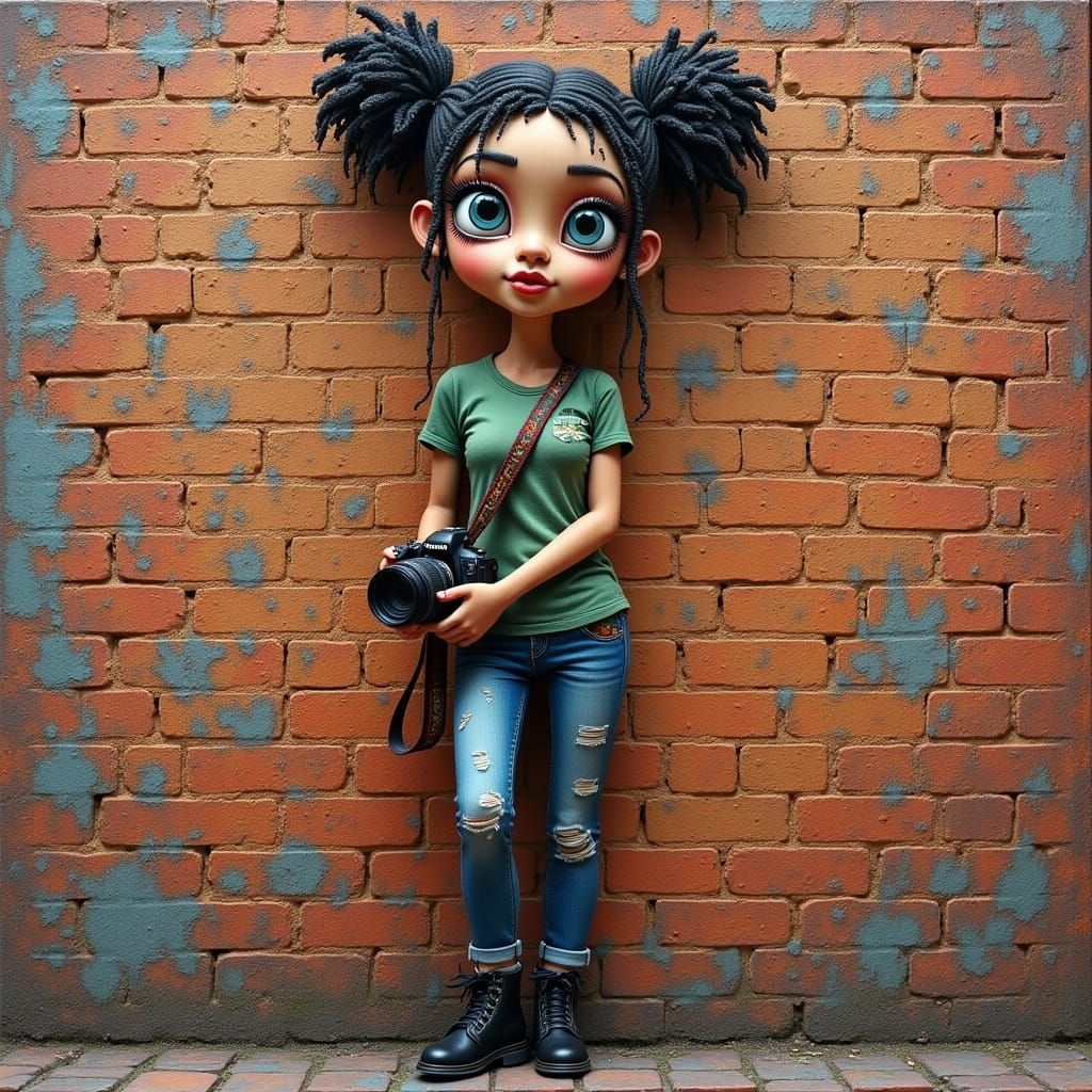Youthful Character with Camera in Folk Art Style