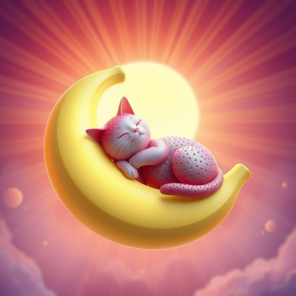 Ethereal Strawberry Cat on a Banana Moon Dreamscape