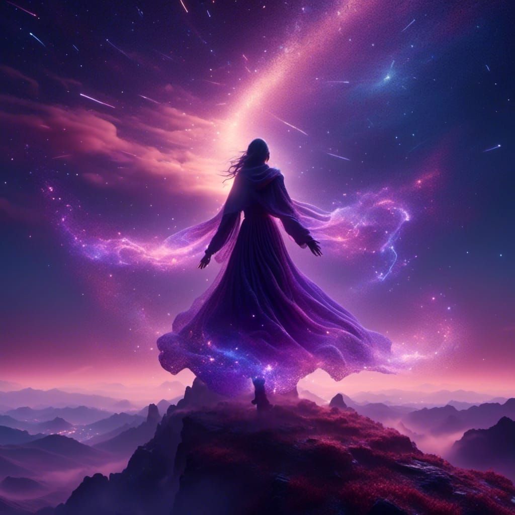 Woman in Star Cloak Under Astral Sky