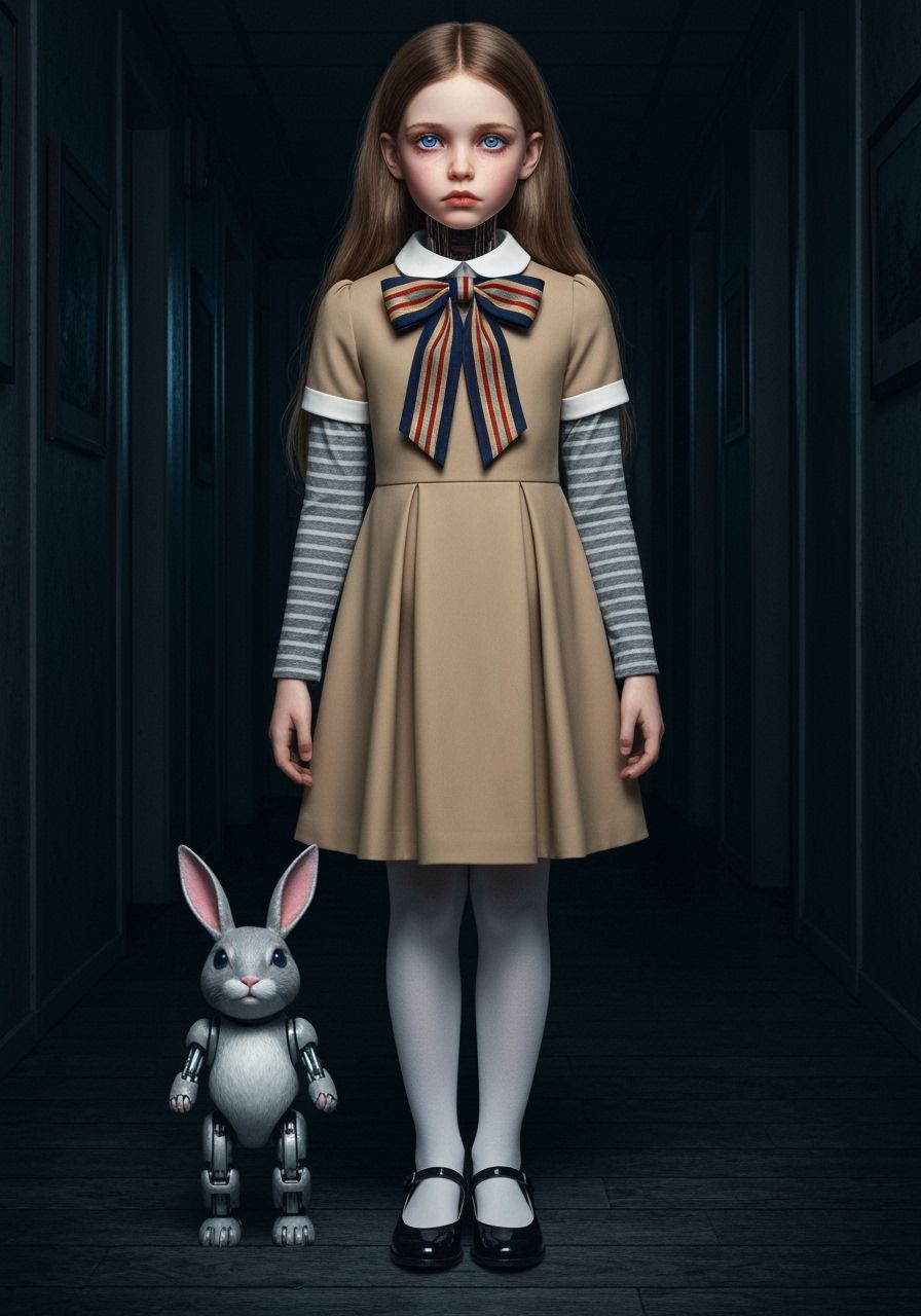 M3GAN and Robo-Bunny in Creepy Hallway