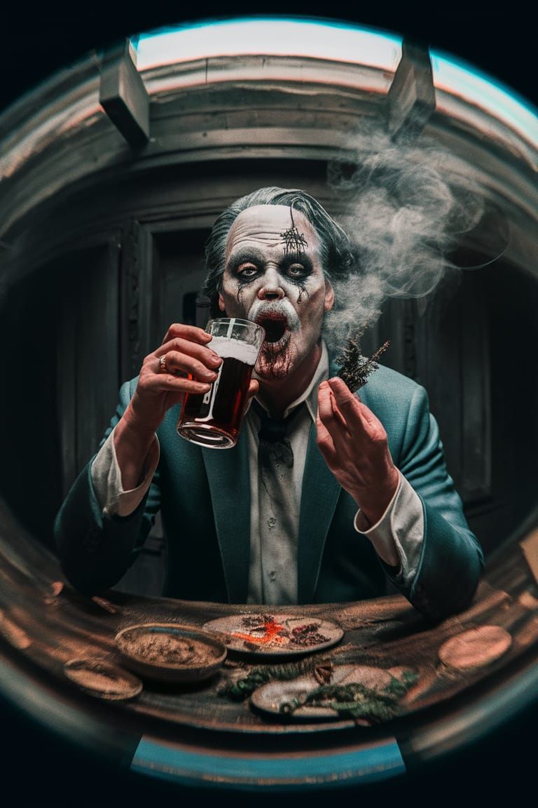 Rotten sleaze of a man;
Drinking ale,smoking herbs and obtuse to his ill mannered vulgarity.
 Dan Witz,Bernie Wrightson,...