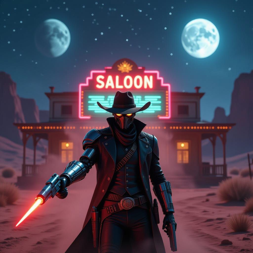 Futuristic Cowboy Confronts Neon Saloon on Alien Planet