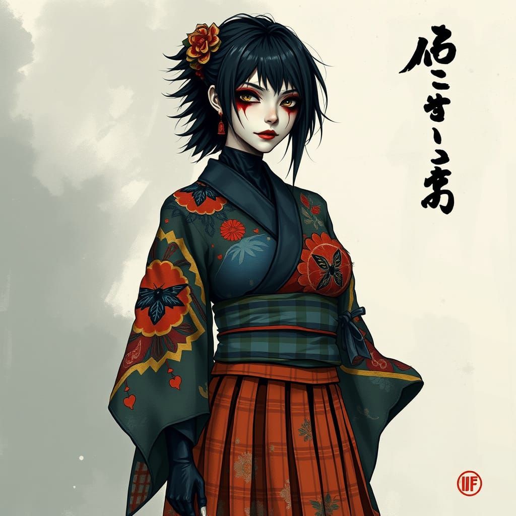 Japanese Crow Goddess in Dark, Futuristic Attire